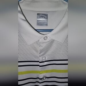 Callaway Opti Dri XXL Polo White with blue and yellow stripes.